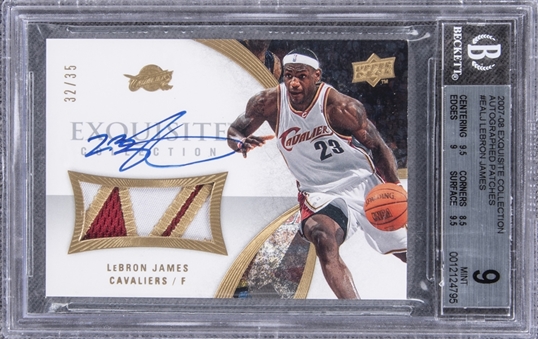 2007-08 Exquisite Collection Autographed Patches #EALJ LeBron James Signed Game Used Patch Card (#32/35) – BGS MINT 9/BGS 10